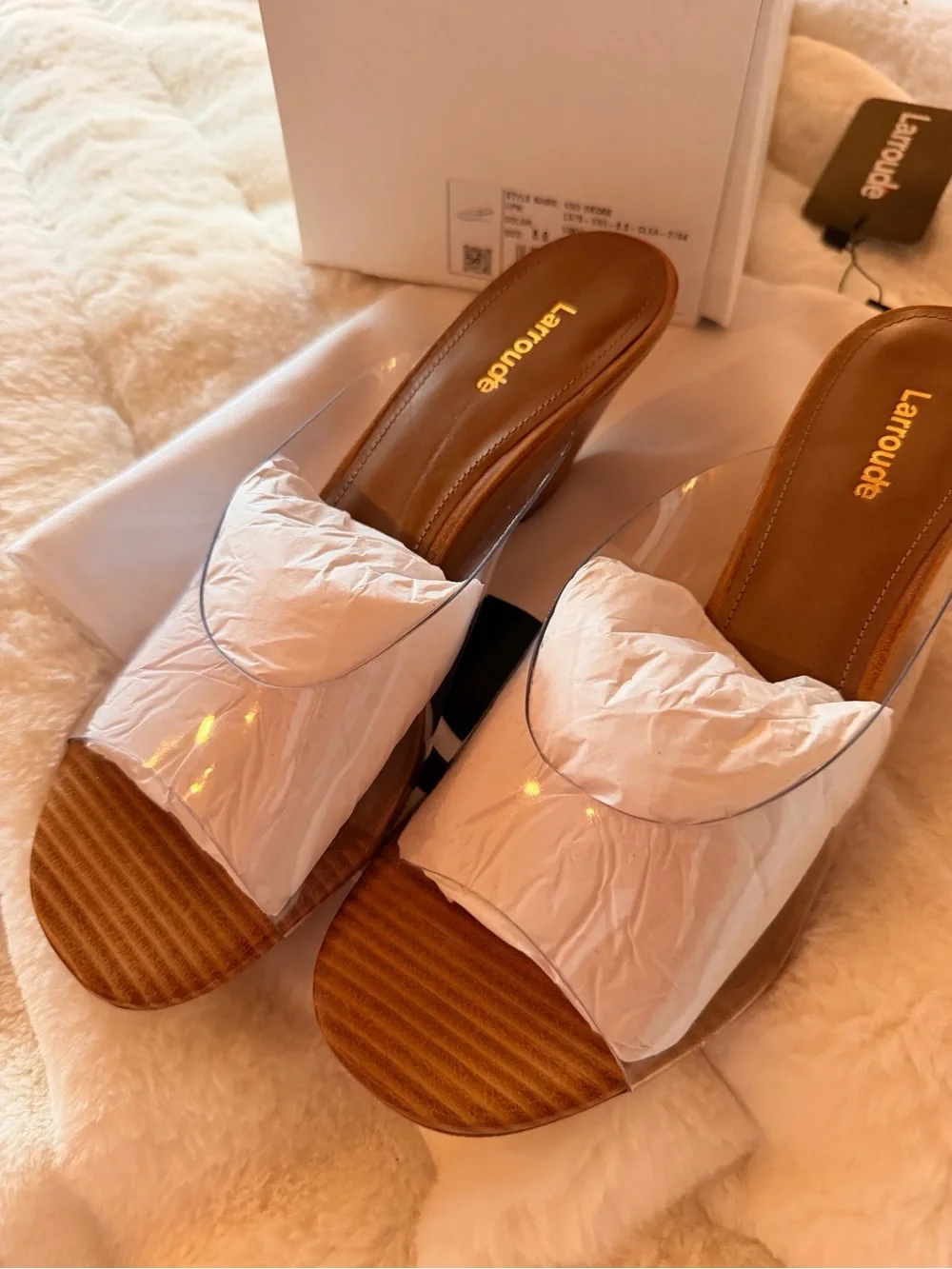 Larroude Clear Vinyl Wedge Mule with Tan Wood-Effect Heel